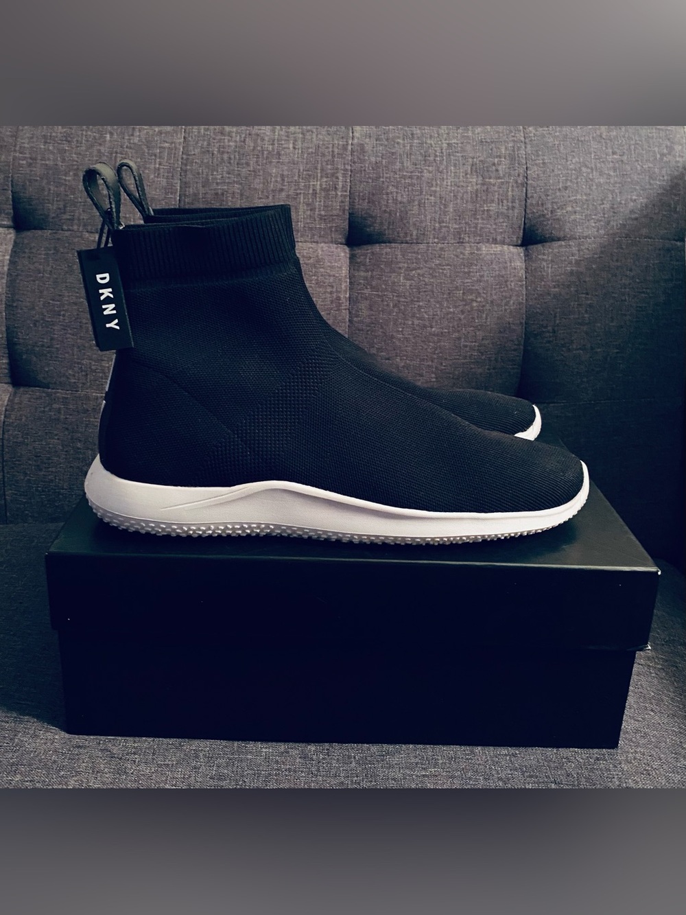 DKNY Black Knit Sock Sneakers with White Sole